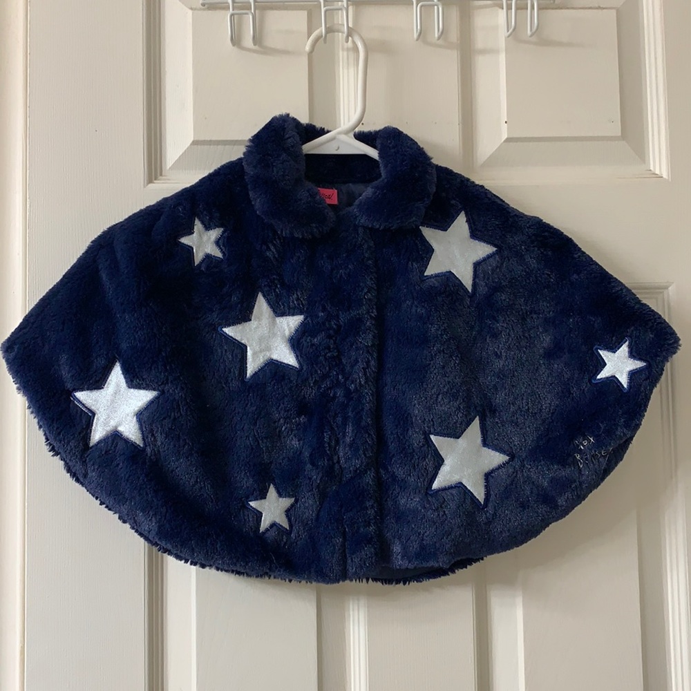 🌷3 for $25🌷Betsey Johnson, US 3T, Navy Blue & Silver Star Detail Faux Fur Cape